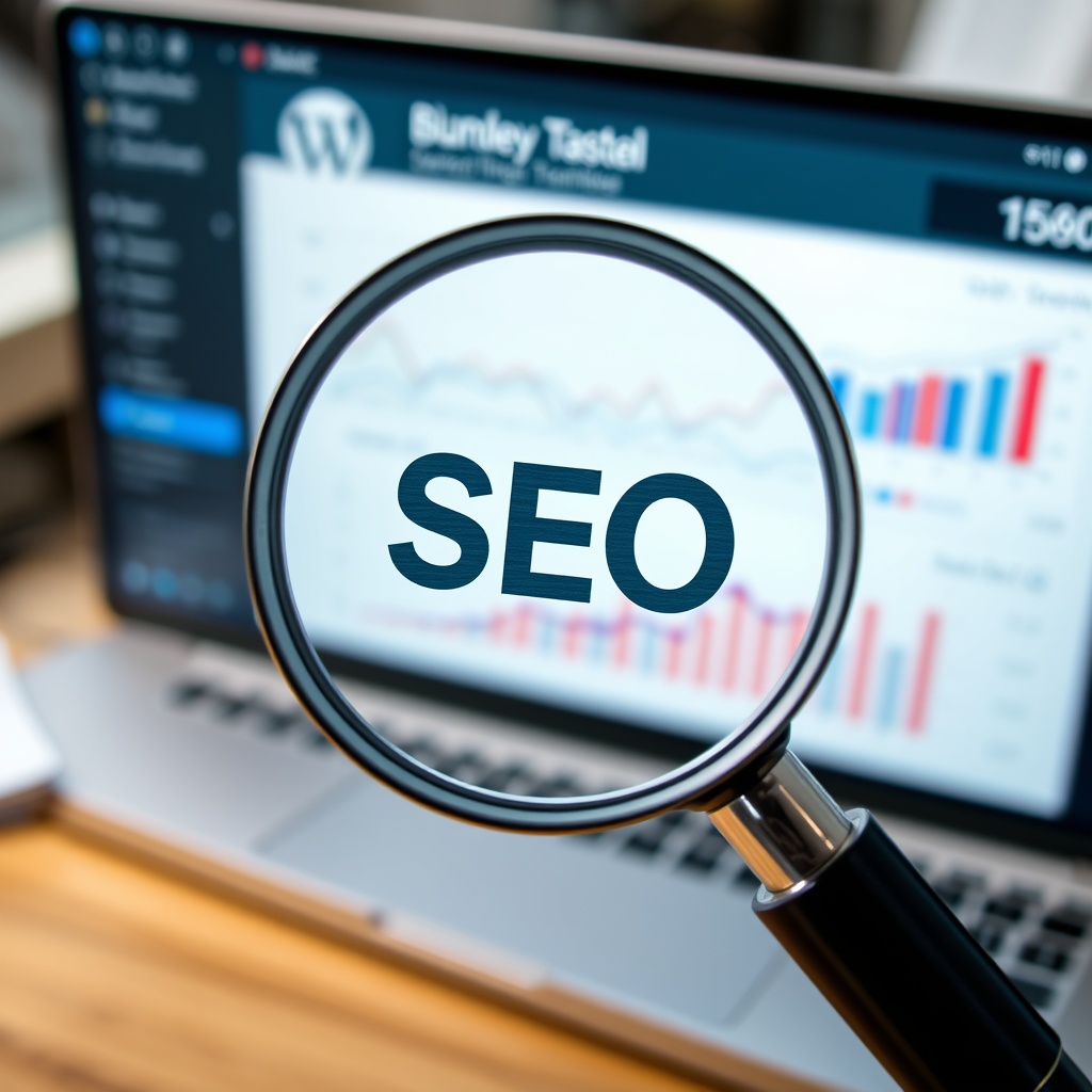 A high-quality stock image showing a magnifying glass over a WordPress dashboard with SEO metrics visible, emphasizing the focus on search engine optimization.