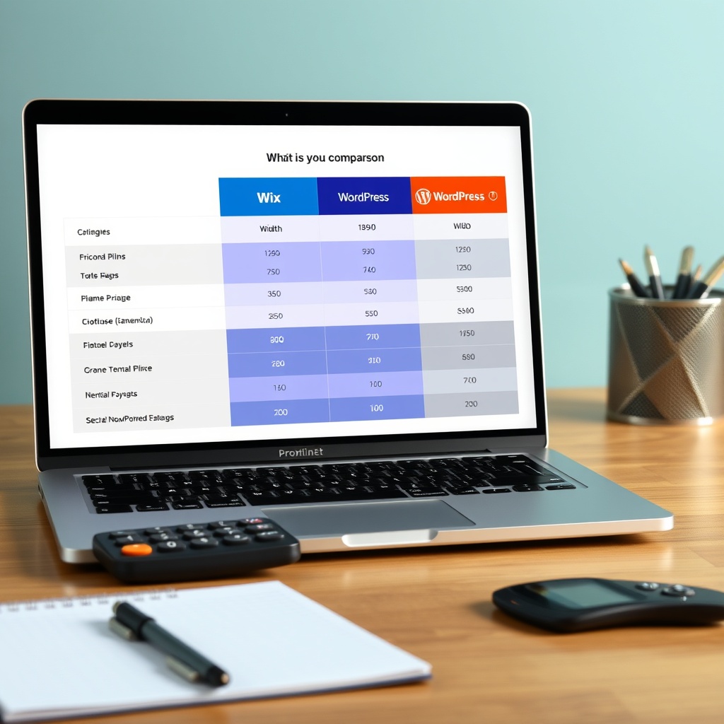 A professional comparison chart on a laptop screen showing Wix and WordPress pricing plans side by side, with a calculator and notepad nearby for analysis.