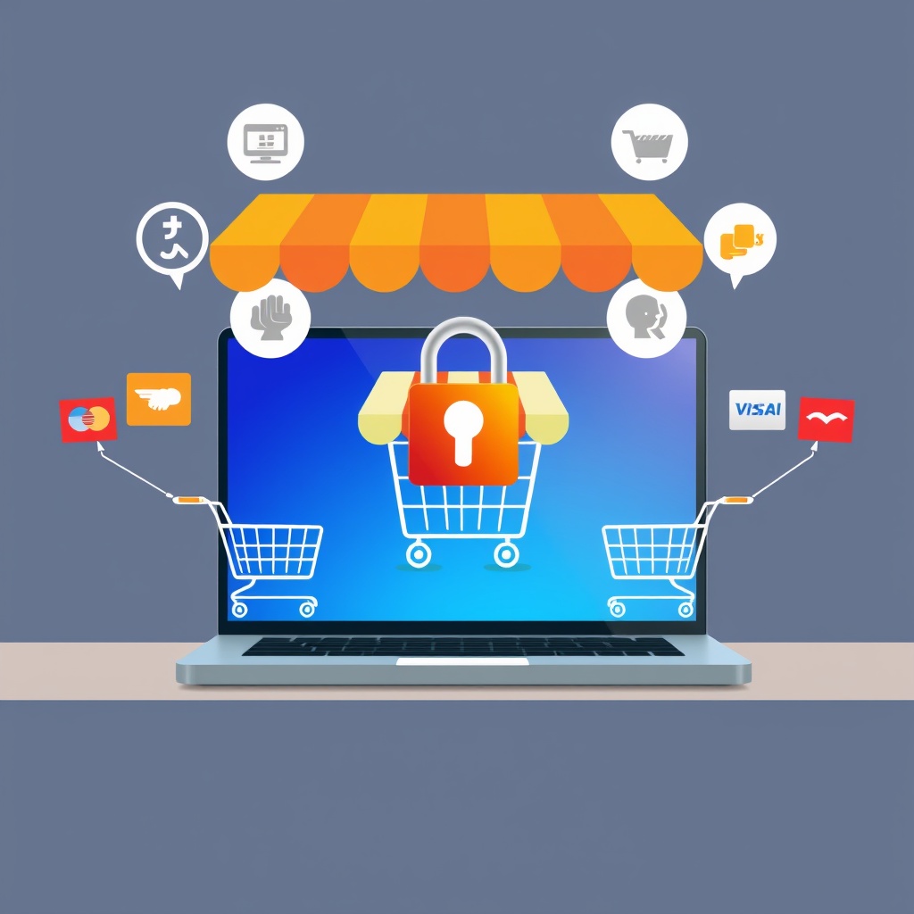 A secure online store setup on a desktop with a padlock icon symbolizing security, surrounded by shopping carts and payment method icons.