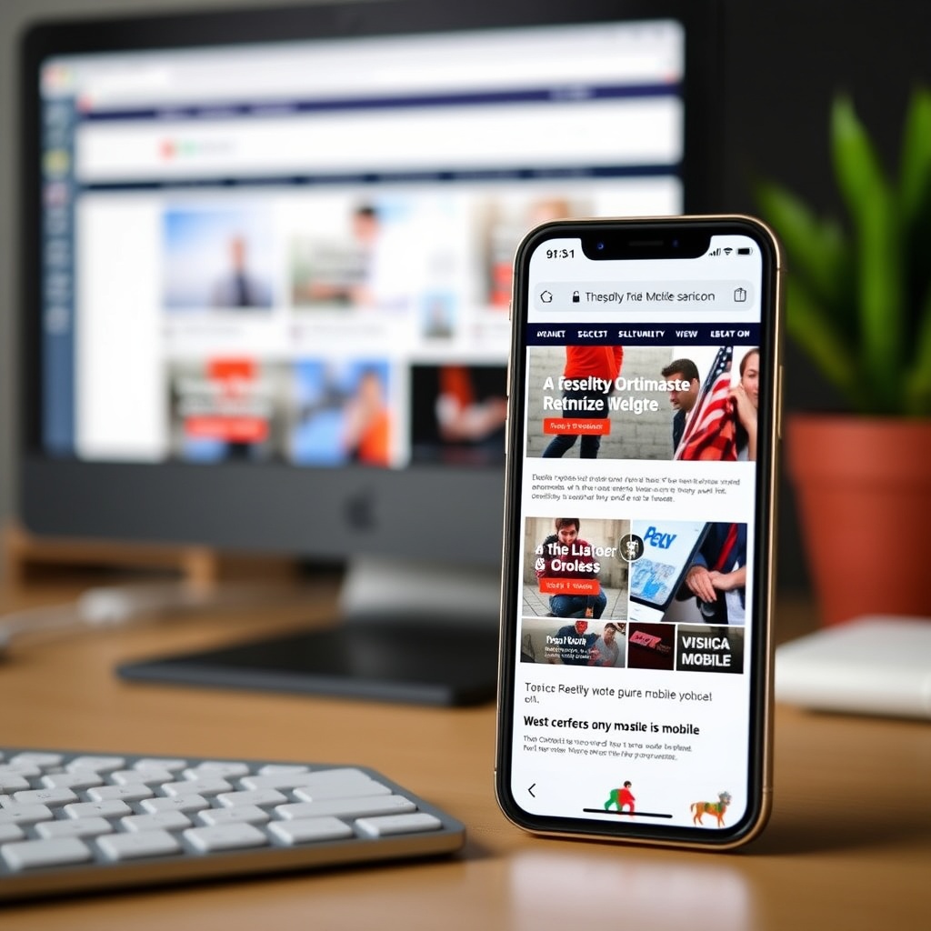 A smartphone displaying a perfectly optimized mobile website next to a desktop showing the same site, highlighting responsive design and speed.