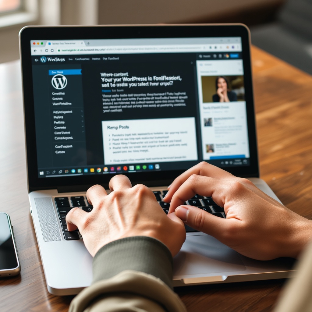 A person typing on a laptop with a WordPress post editor open, showcasing the simplicity of creating content.