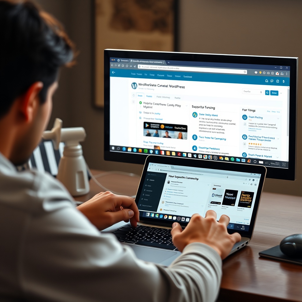 A person troubleshooting a WordPress site on a laptop with a supportive community forum visible on another screen.