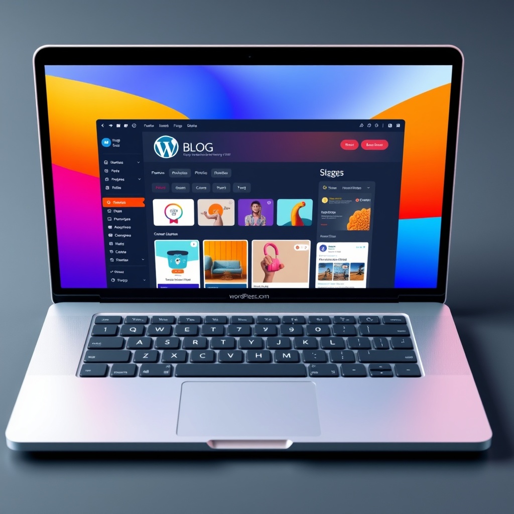 A modern laptop displaying a WordPress blog customization dashboard with vibrant colors and creative layout options, symbolizing the ease and flexibility of personalizing blogs with WordPress.