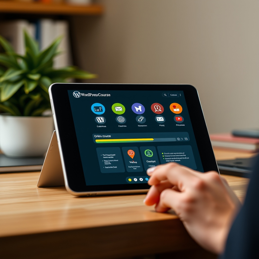 A digital tablet showing an online course interface on WordPress, with educational icons and a progress bar, highlighting the platform's capability for creating and managing educational content.