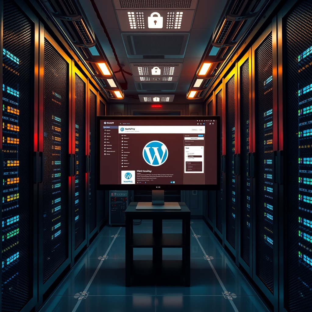 A secure, high-tech server room with glowing lights and a WordPress security plugin interface on a monitor, representing the importance of security measures for WordPress sites.