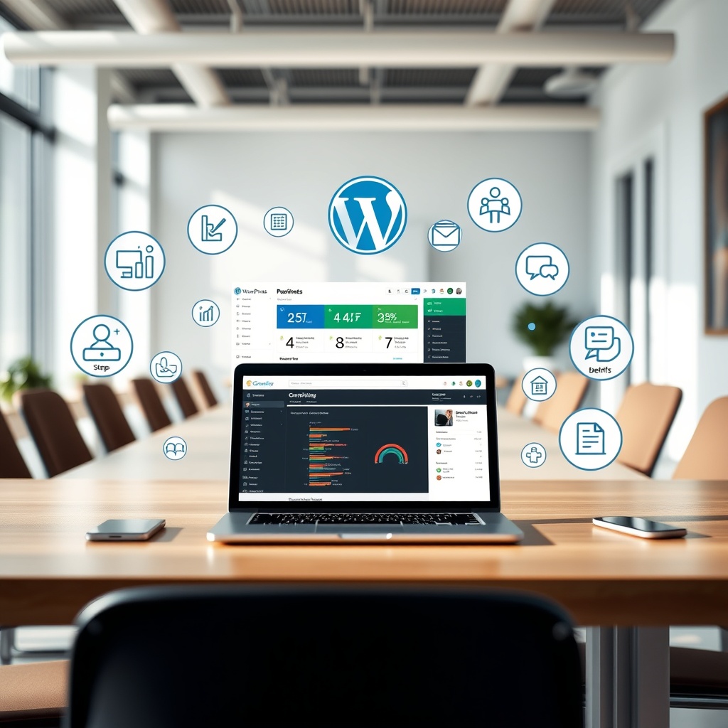 A professional workspace with a laptop displaying a WordPress dashboard, surrounded by icons representing flexibility, community support, and SEO benefits, in a bright, modern office setting.