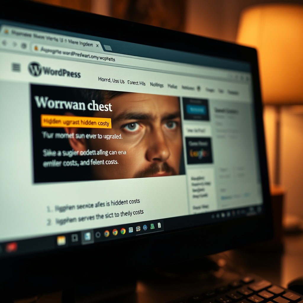 A close-up of a computer screen showing a WordPress site with upgrade prompts and hidden costs highlighted, with a worried expression reflected on the screen, in a dimly lit room to emphasize caution.