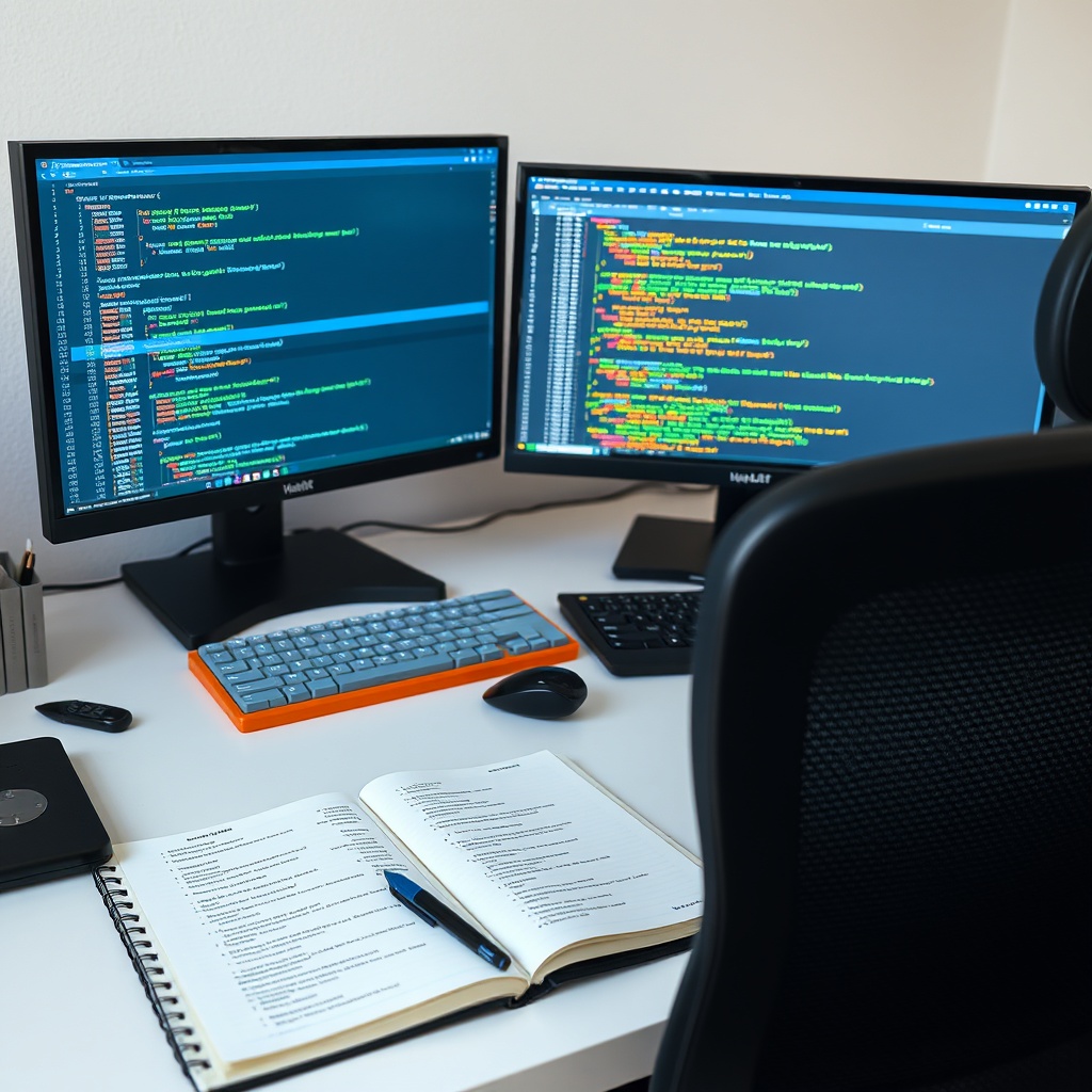A developer's desk with dual monitors showing code for child themes and free tools, with a notebook filled with quality code snippets, in a clean, organized workspace.