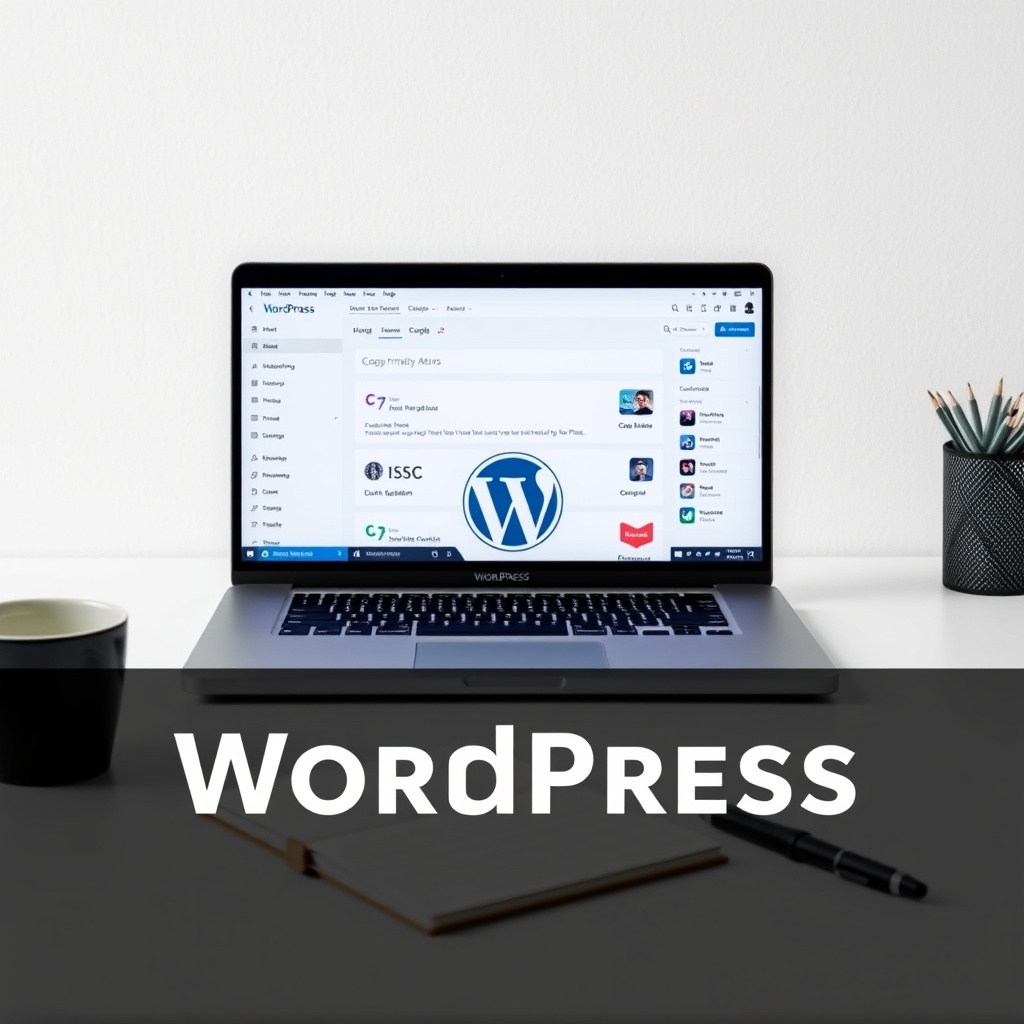 A modern laptop displaying a WordPress dashboard with various customization options visible, set on a clean, minimalist desk with a notepad and pen beside it, symbolizing flexibility and customization in WordPress.