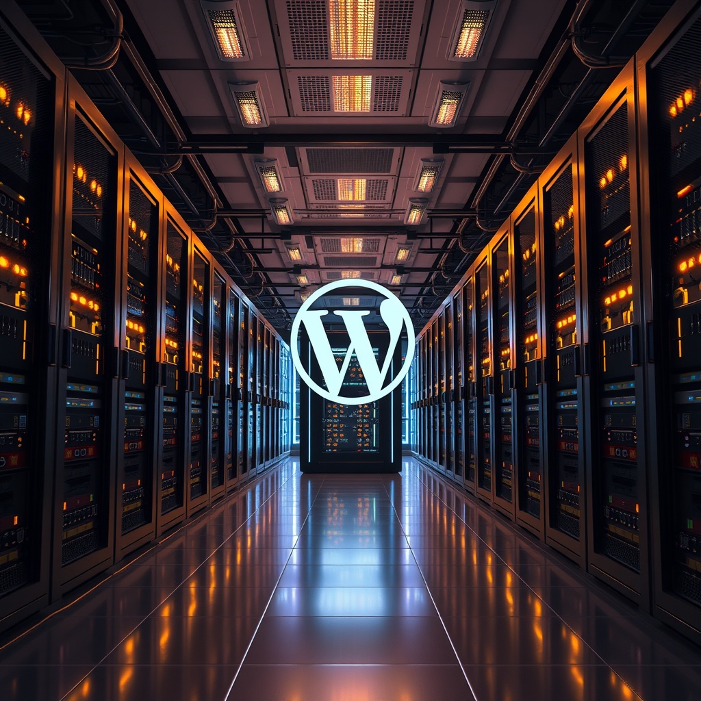 A high-tech server room with glowing lights and multiple servers, representing scalability and the ability to handle high traffic volumes with WordPress.