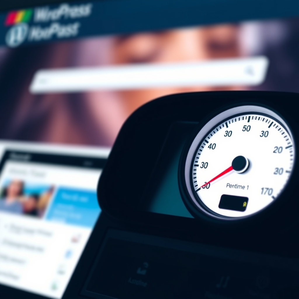 A speedometer on a dashboard showing high performance, with a blurred background of a website loading quickly, symbolizing performance optimization in WordPress.