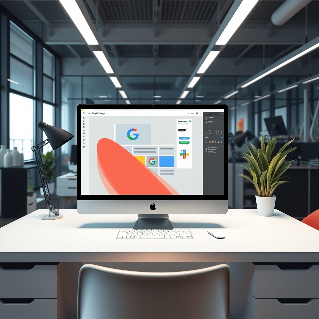 A modern workspace with a computer displaying a creative design interface, symbolizing the exploration of Google Web Designer features.