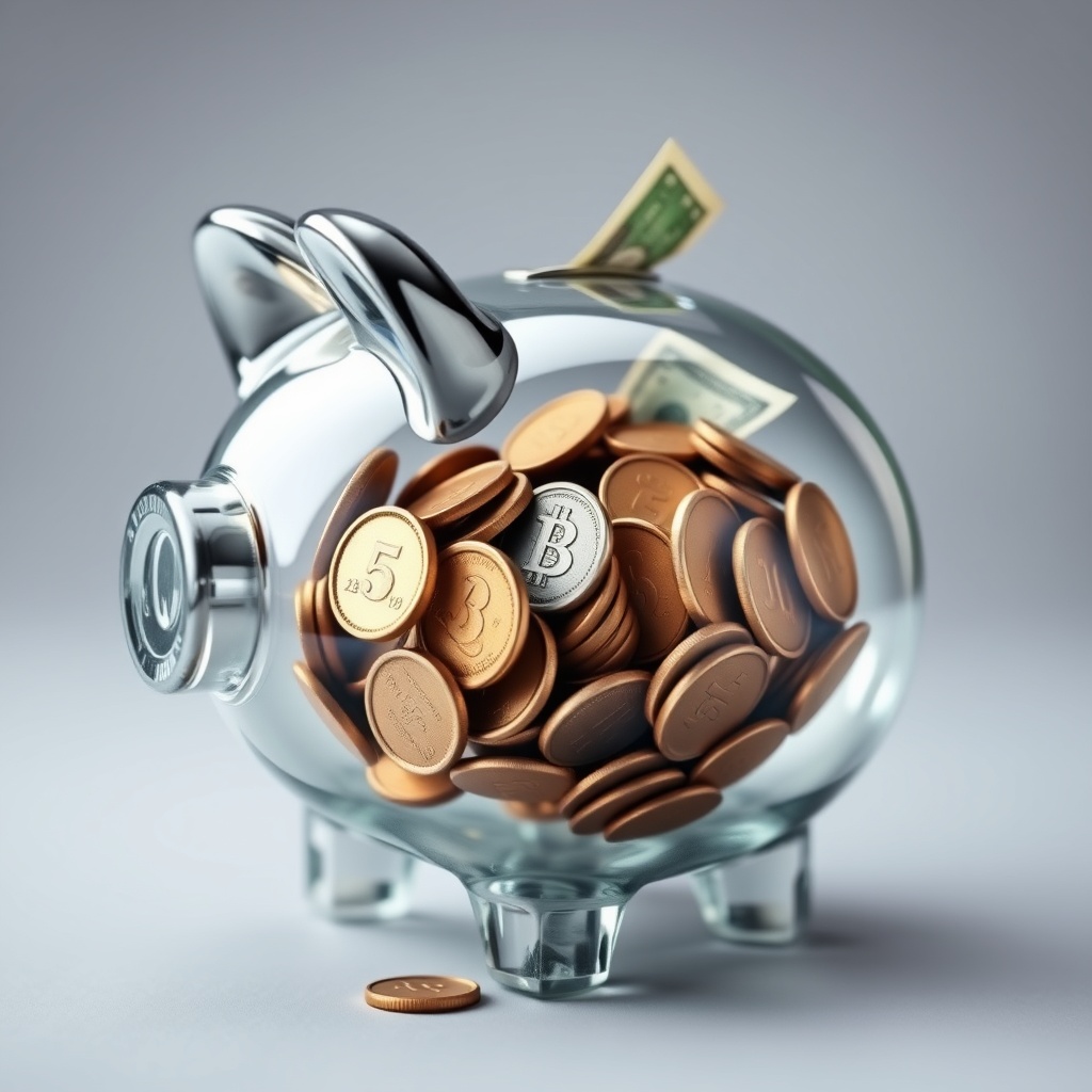 A transparent piggy bank with coins and bills inside, representing budgeting and hidden costs in WordPress design projects.