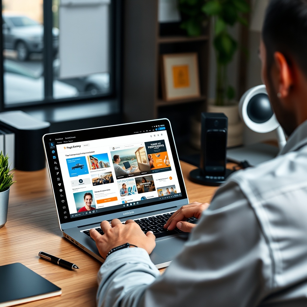 A professional workspace with a designer using a WordPress page builder on a laptop, showcasing drag-and-drop interface with various design elements on screen.