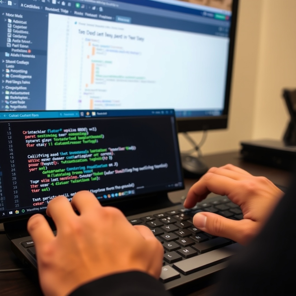A close-up of a developer's hands typing code on a keyboard with a WordPress dashboard visible on the monitor, highlighting advanced customization techniques.
