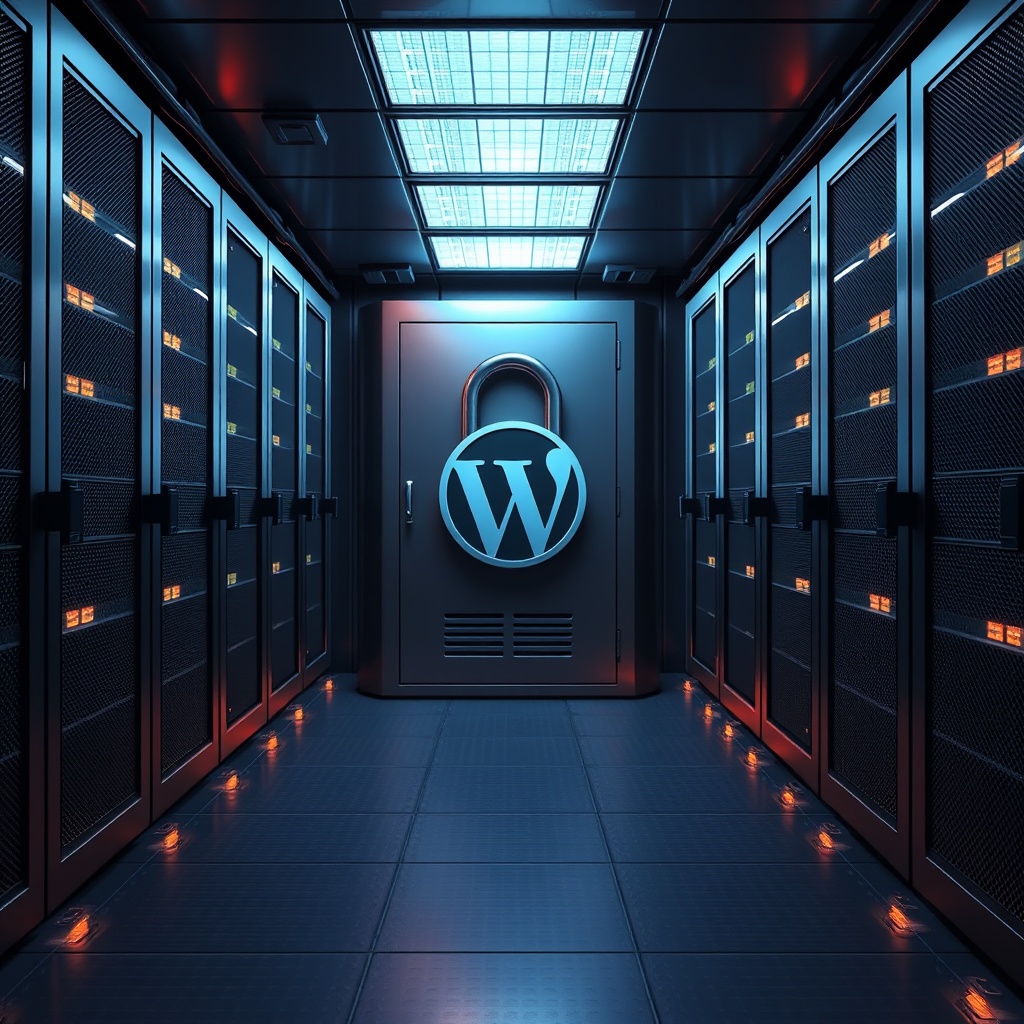 A secure, locked server room with glowing lights, representing WordPress security best practices and the importance of protecting your website.
