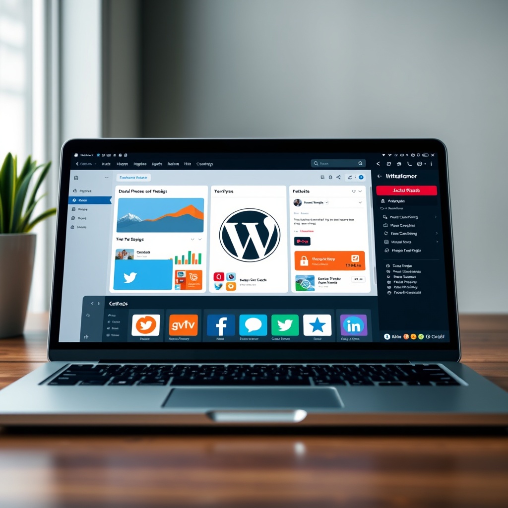 A dynamic social media dashboard on a laptop screen, highlighting the integration of WordPress with various social media platforms for community building.