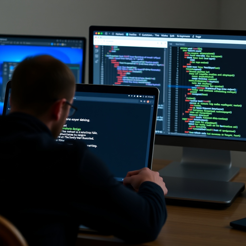A developer troubleshooting a design on a laptop, with a second screen showing code, representing common issues and solutions in Google Web Designer.