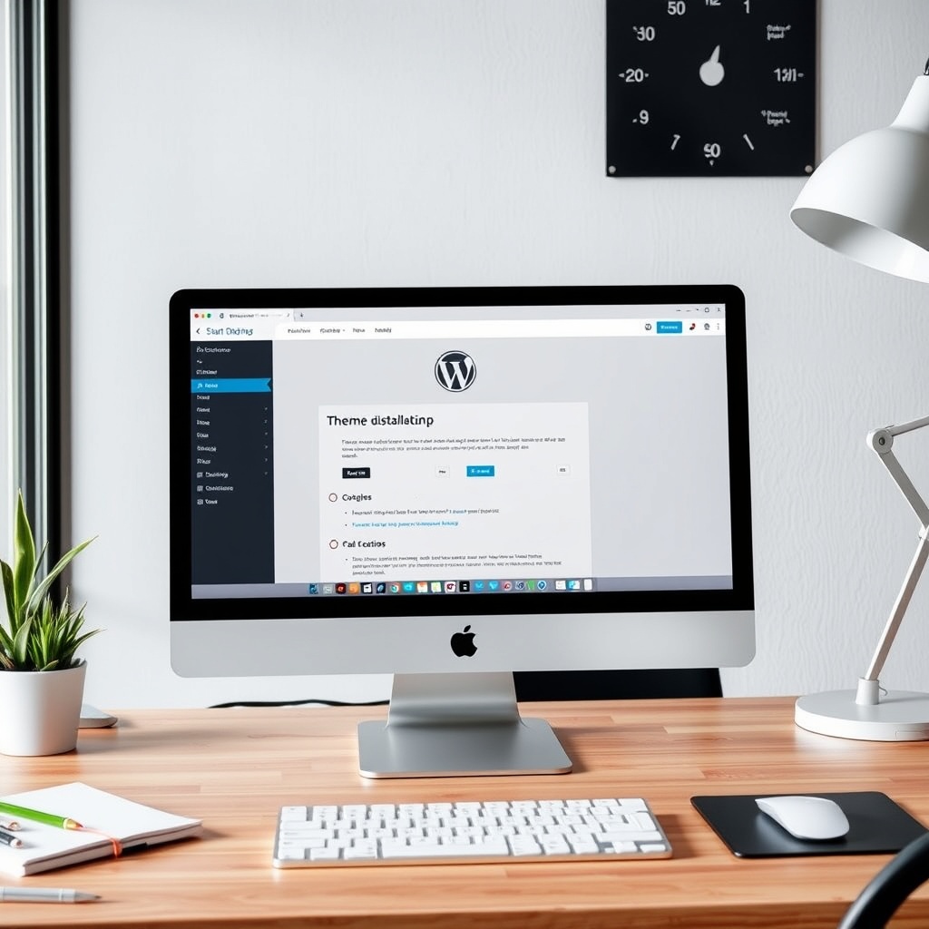 A professional workspace with a computer screen displaying the WordPress dashboard during theme installation, highlighting the step-by-step process with a clean, modern aesthetic.