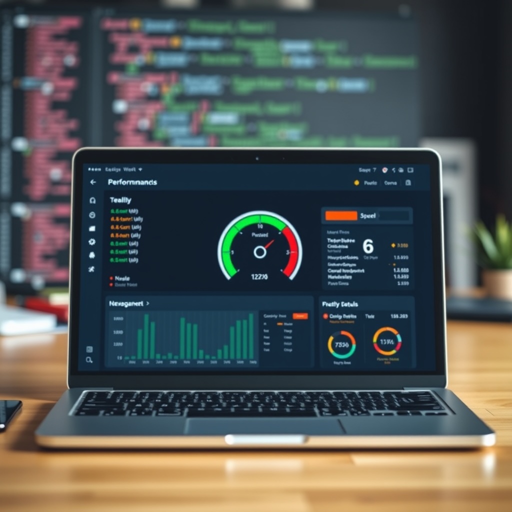A high-speed performance dashboard on a laptop screen, symbolizing website speed optimization, with a blurred background of coding and development tools.