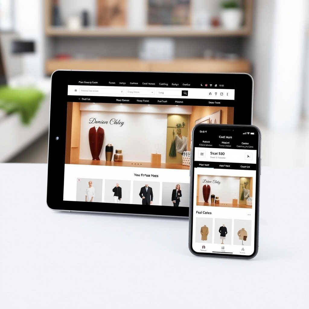 An elegant online storefront displayed on a tablet and smartphone, showcasing the versatility and features of e-commerce themes in a sleek, professional setting.
