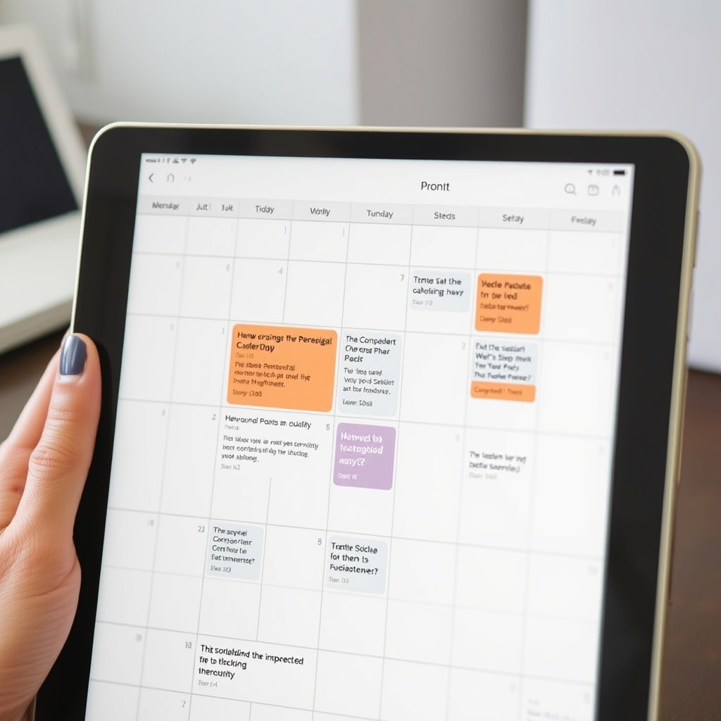 A digital calendar on a tablet with scheduled WordPress posts marked, symbolizing organization and planning in content publishing strategies.