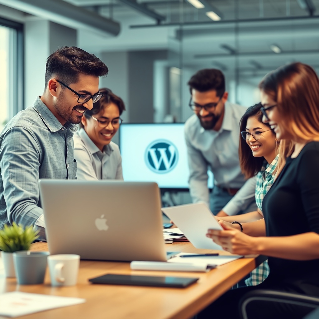 A diverse group of professionals collaborating on a WordPress project, showcasing teamwork and advanced content strategies in a modern office setting.