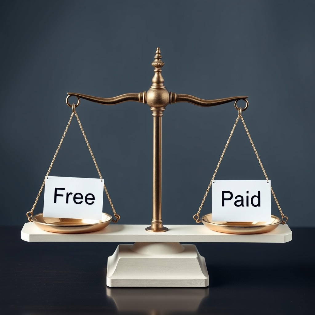 A professional stock photo depicting a balance scale with 'Free' on one side and 'Paid' on the other, symbolizing the cost comparison of WordPress website options.