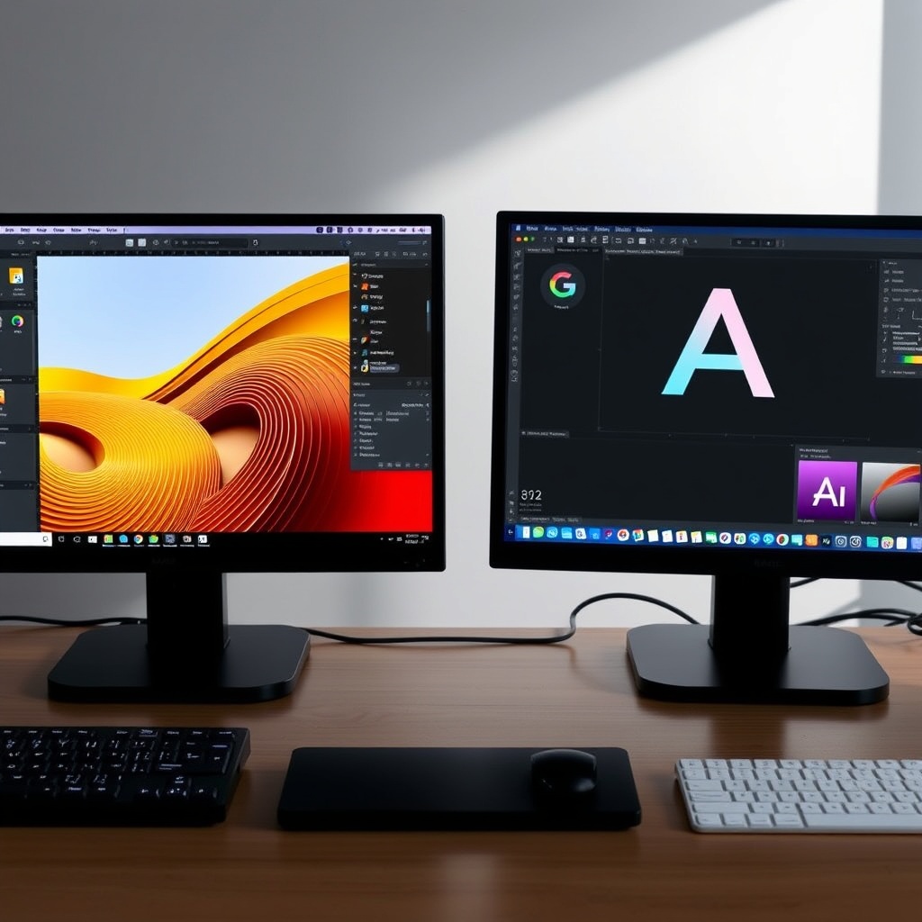 A split-screen comparison of two design tools on monitors, highlighting the differences between Google Web Designer and other software like Adobe Animate and Figma.