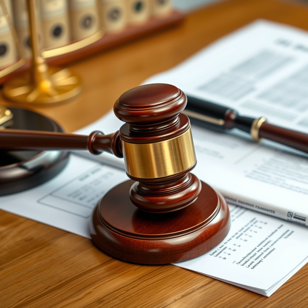 A professional stock photo of a gavel and legal documents on a desk, symbolizing the legal and compliance costs associated with running a WordPress website.