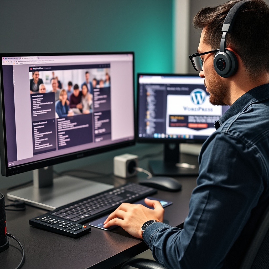 A professional web developer customizing a WordPress site with advanced tools and plugins on a dual monitor setup, showcasing the flexibility and customization options of WordPress.