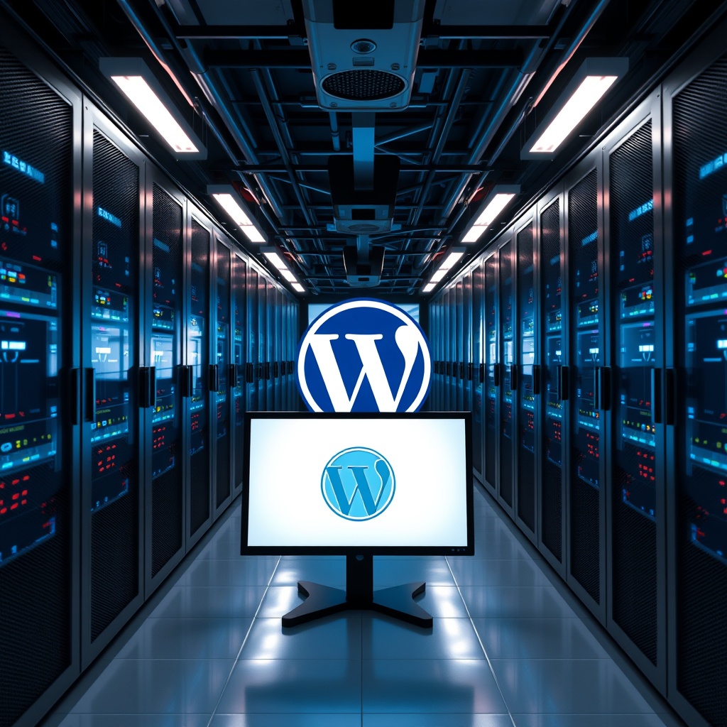 A secure, high-tech server room with glowing lights and a WordPress logo displayed on a monitor, symbolizing the importance of security for professional WordPress sites.