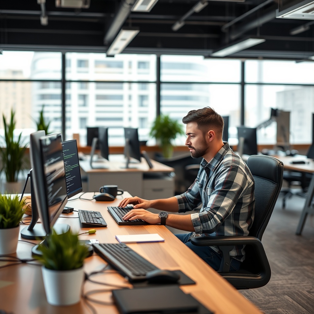 A developer coding a custom WordPress plugin in a modern office environment, highlighting the advanced customization techniques available for professionals.