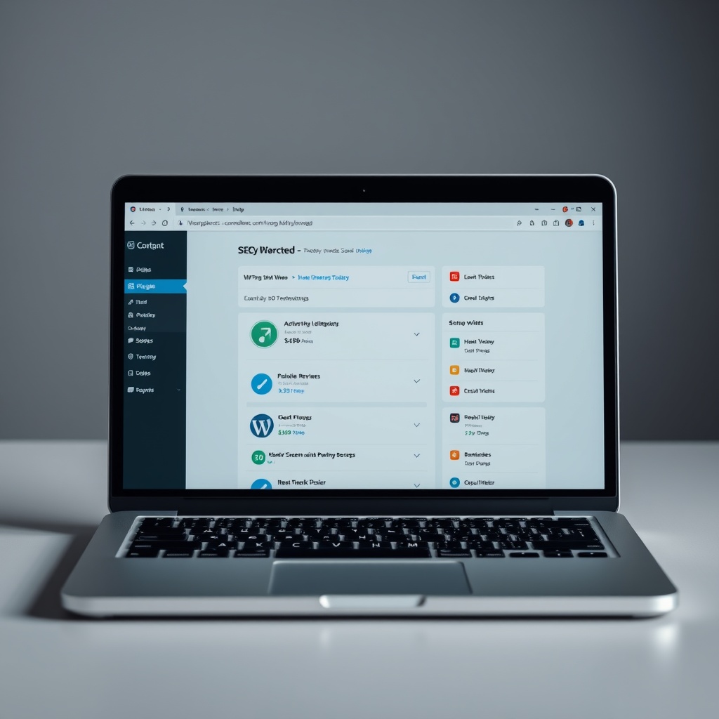 A professional stock photo showcasing a laptop displaying a WordPress dashboard with SEO plugins activated, symbolizing the SEO advantages of WordPress.