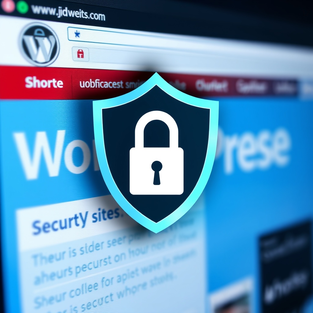A high-quality stock image of a secure, locked shield icon overlaying a WordPress website, representing security measures for WordPress sites.