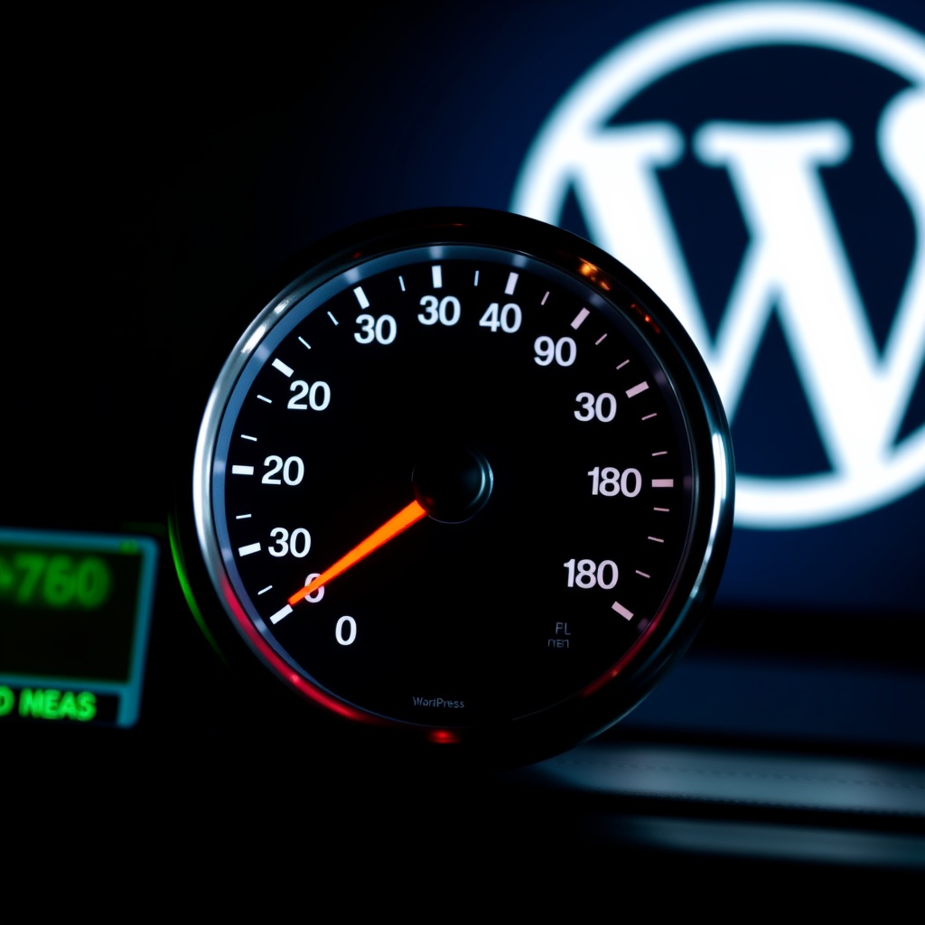 An engaging stock photo of a speedometer at high speed with a WordPress logo in the background, illustrating WordPress site performance optimization.
