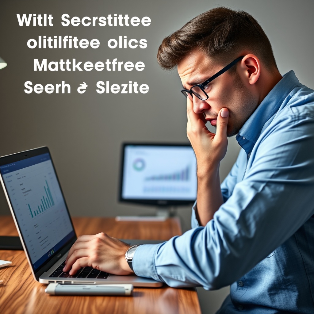 A frustrated digital marketer analyzing a website's SEO performance on a laptop, highlighting the challenges of optimizing a Wix site for search engines.
