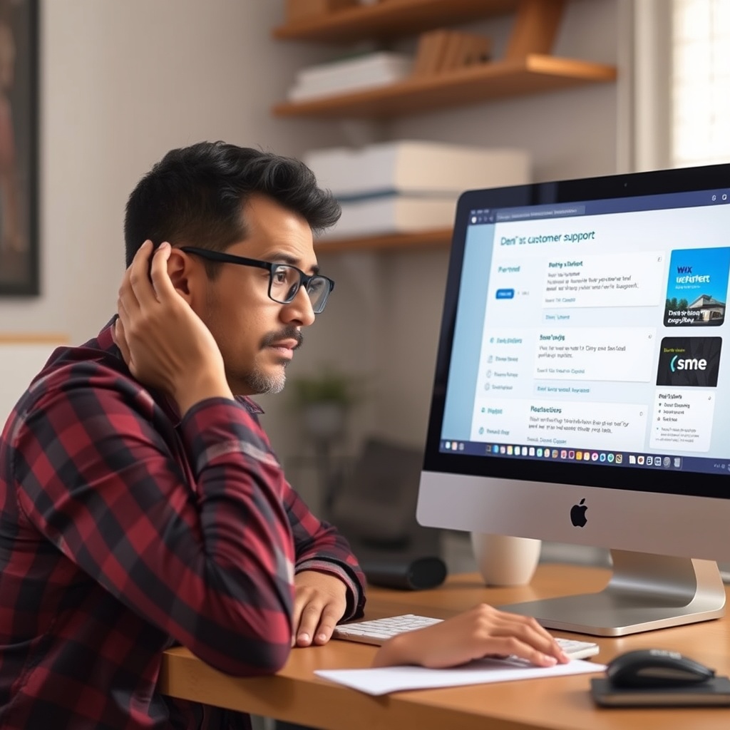 A business owner looking stressed while trying to navigate through Wix's customer support options on a computer screen, symbolizing the limitations in support and resources.