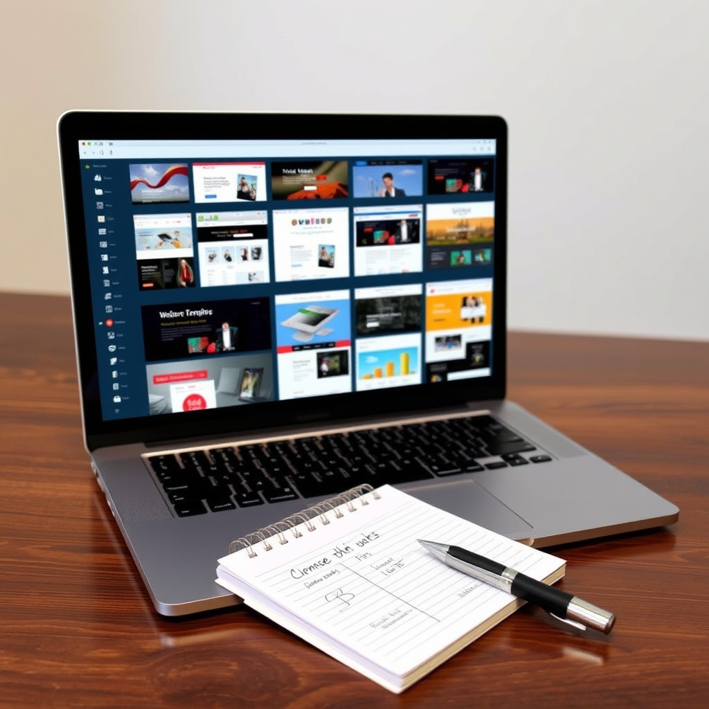 A sleek, modern laptop displaying a variety of website templates on its screen, with a notepad and pen beside it for notes, symbolizing the selection and customization process in website building.