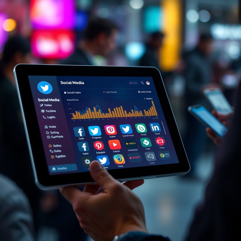 A vibrant social media dashboard on a tablet with multiple social network icons glowing, set against a blurred background of people using smartphones, representing social media integration in websites.