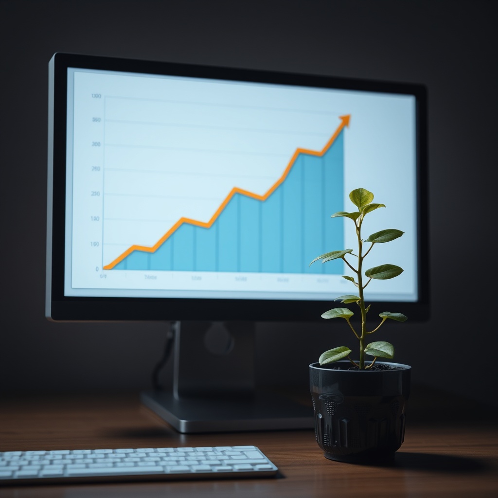 A business graph showing an upward trend on a computer screen, with a plant growing in a pot next to it, symbolizing business growth and website scalability.