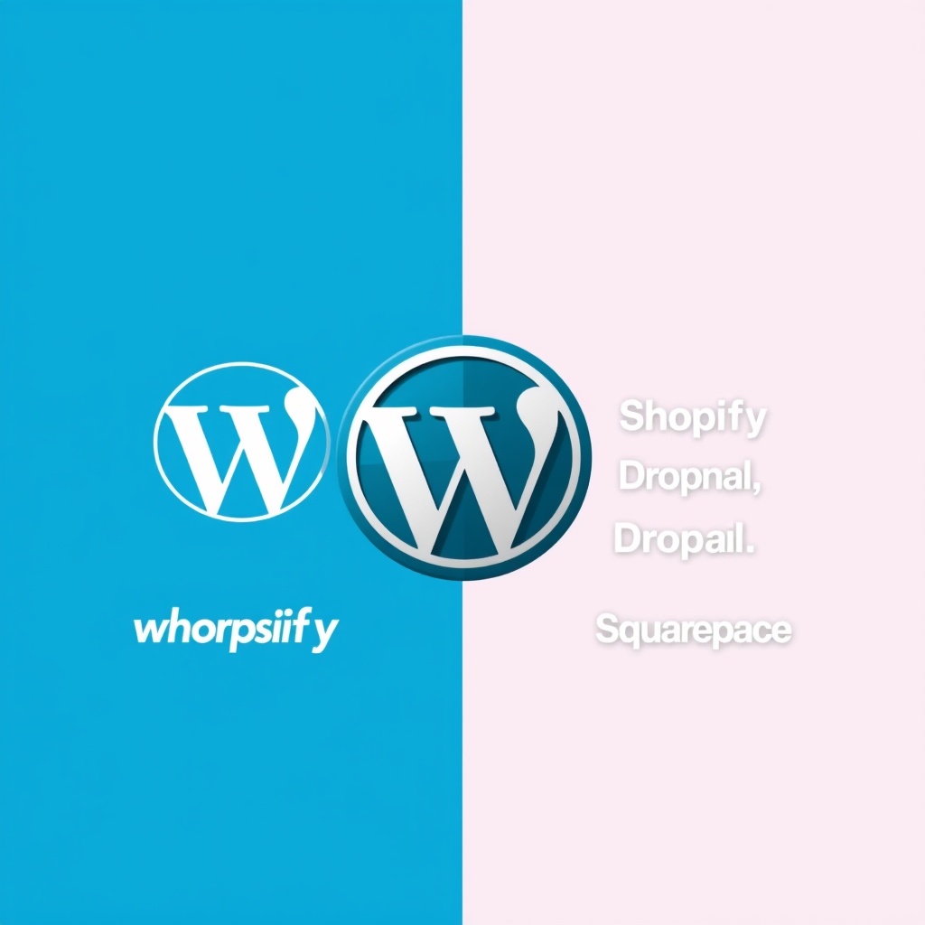 A split-screen image showing WordPress on one side and its top alternatives like Shopify, Drupal, and Squarespace on the other, highlighting diversity in CMS options.