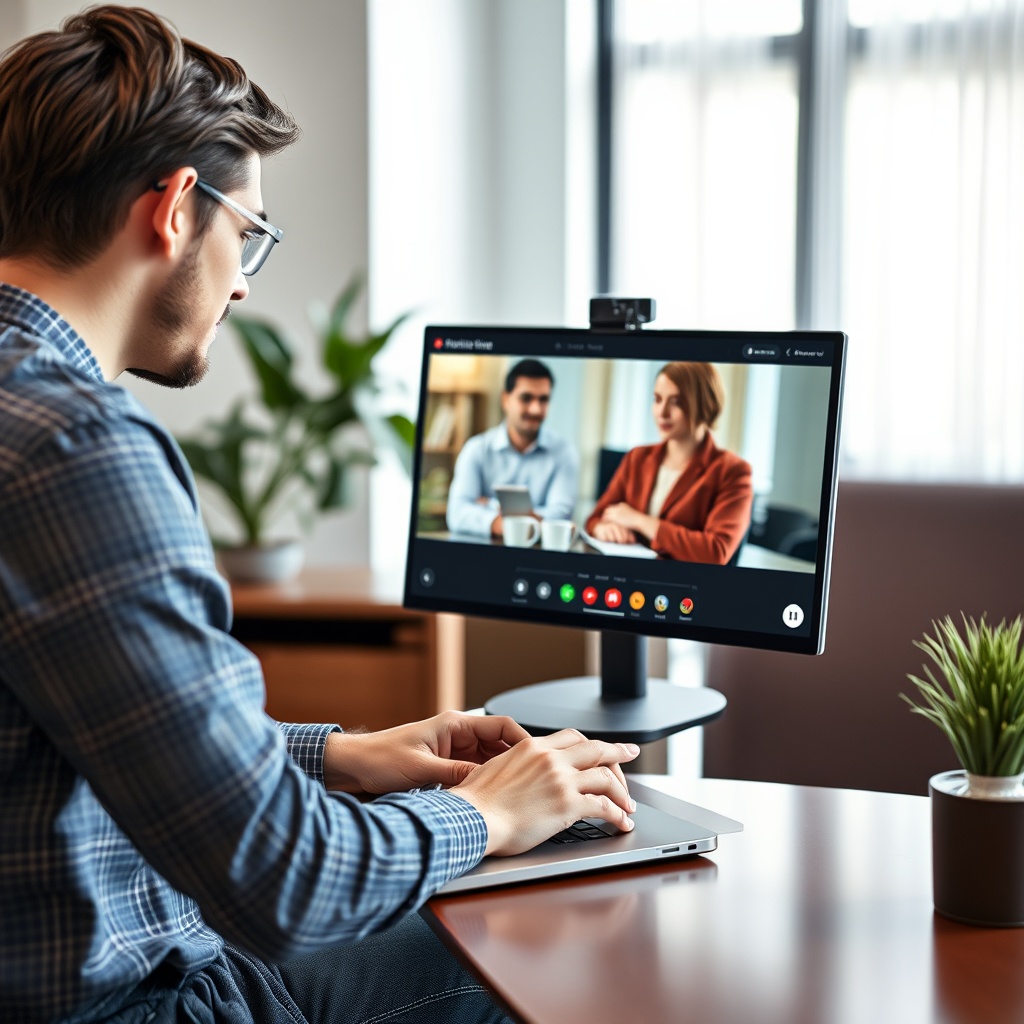A professional freelancer working on a laptop with a client discussing website development plans over a video call, showcasing collaboration and negotiation.