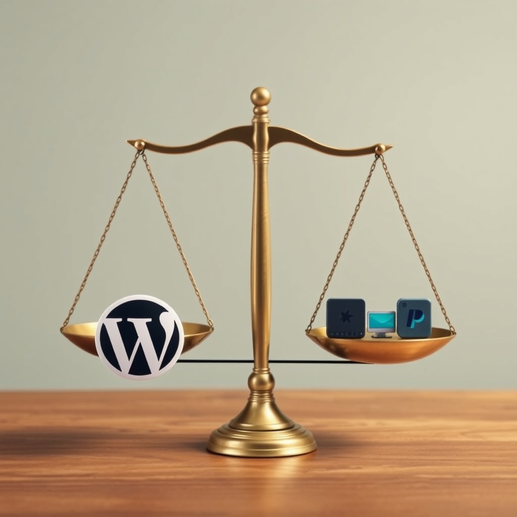 An image depicting a scale with WordPress on one side and alternative platforms on the other, symbolizing the balance between SEO capabilities across different CMSs.
