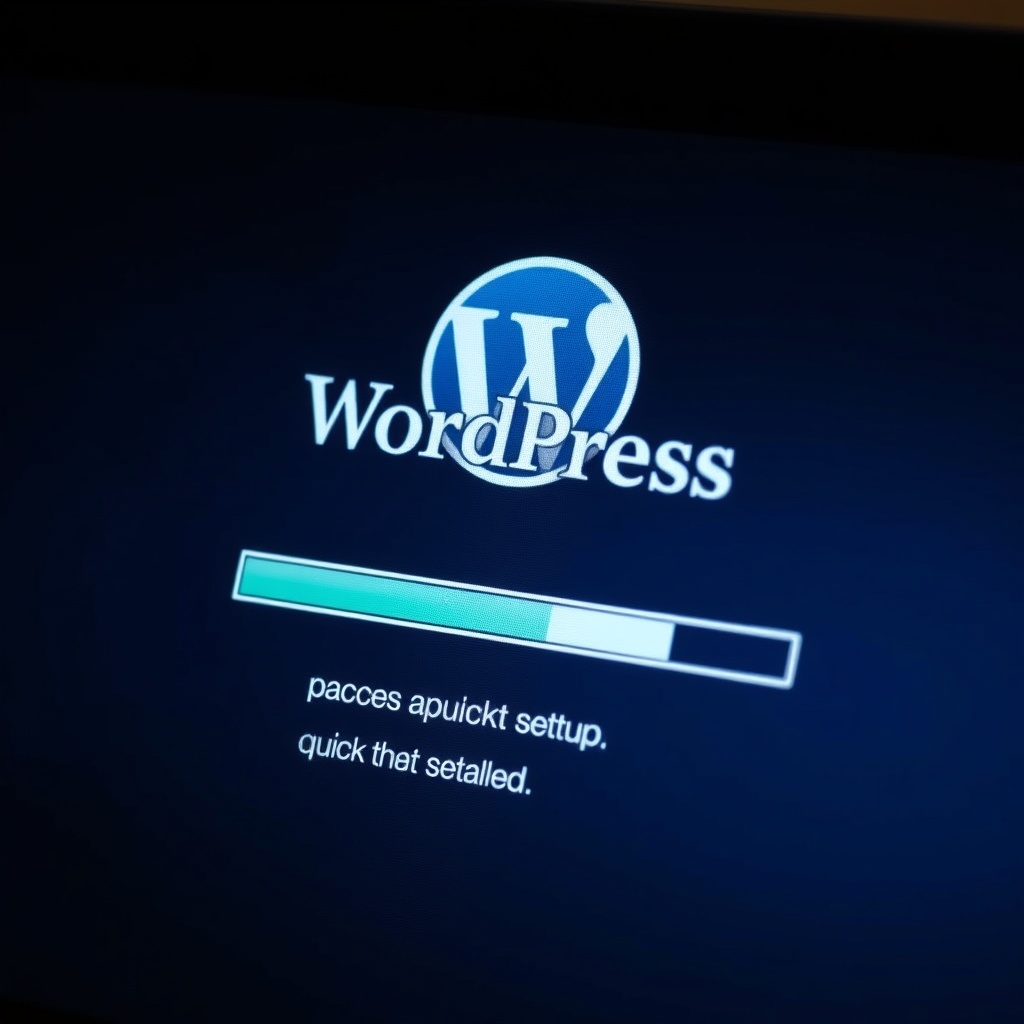 A close-up of a computer screen showing the WordPress installation process with a progress bar nearing completion, symbolizing quick setup.