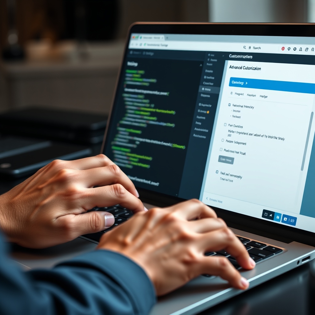 A developer's hands typing code on a laptop with a WordPress theme customization panel open on the screen, illustrating advanced customization techniques.