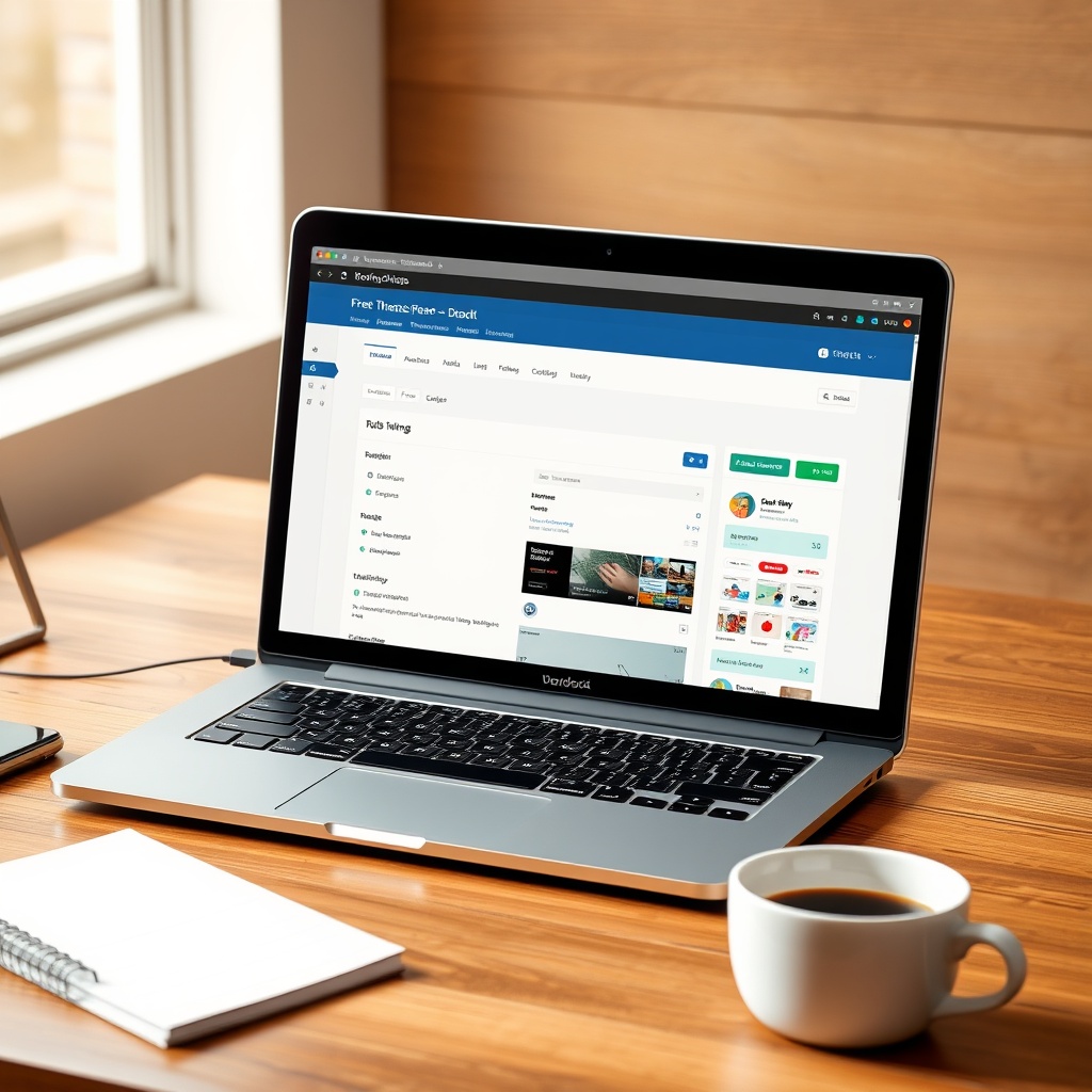 A modern laptop displaying a WordPress dashboard with a free theme selection screen open, surrounded by a notepad and a cup of coffee on a wooden desk.