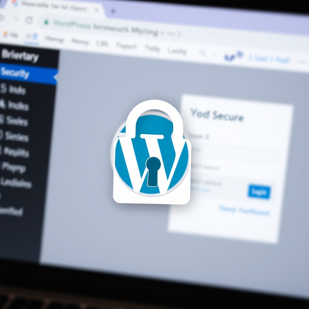 A secure padlock icon overlaid on a WordPress login screen, with a blurred background of a website dashboard, symbolizing website security.