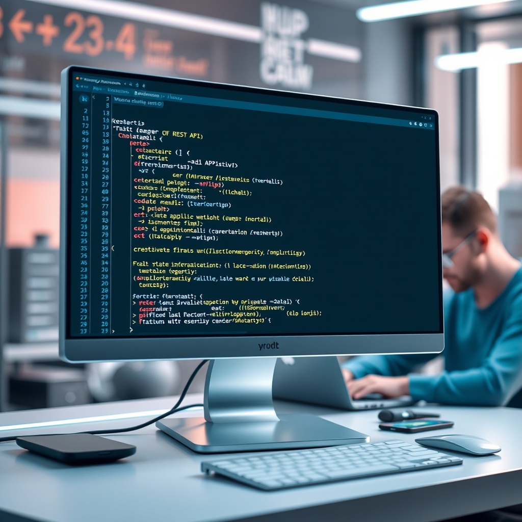 A futuristic interface showing WordPress REST API code snippets on a computer screen, with a developer working in the background.