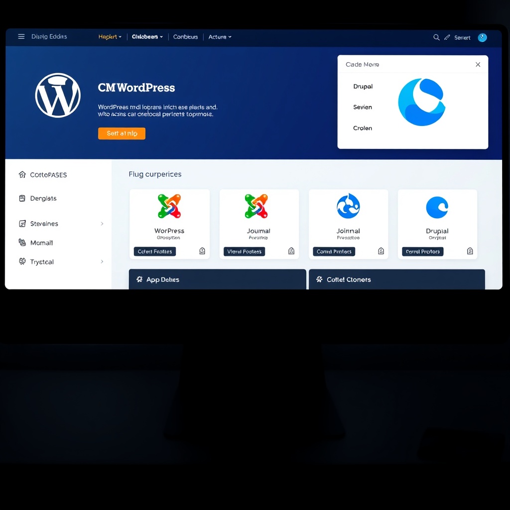 A sleek, modern website dashboard displaying various CMS options like WordPress, Joomla, and Drupal, highlighting the diversity and choice in content management systems.